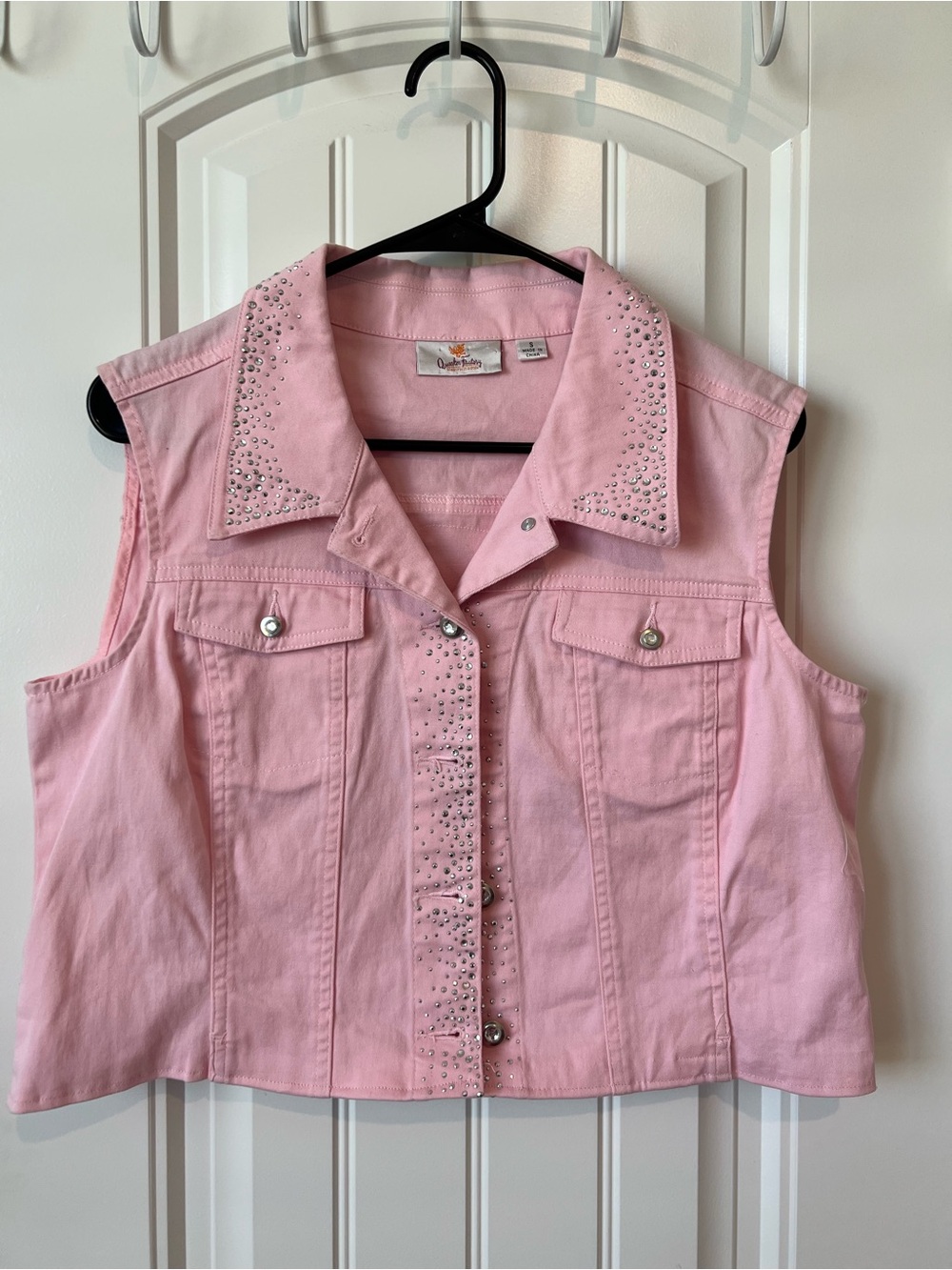 (Up)Cycled Embellished Pink Sleeveless Denim Vest
